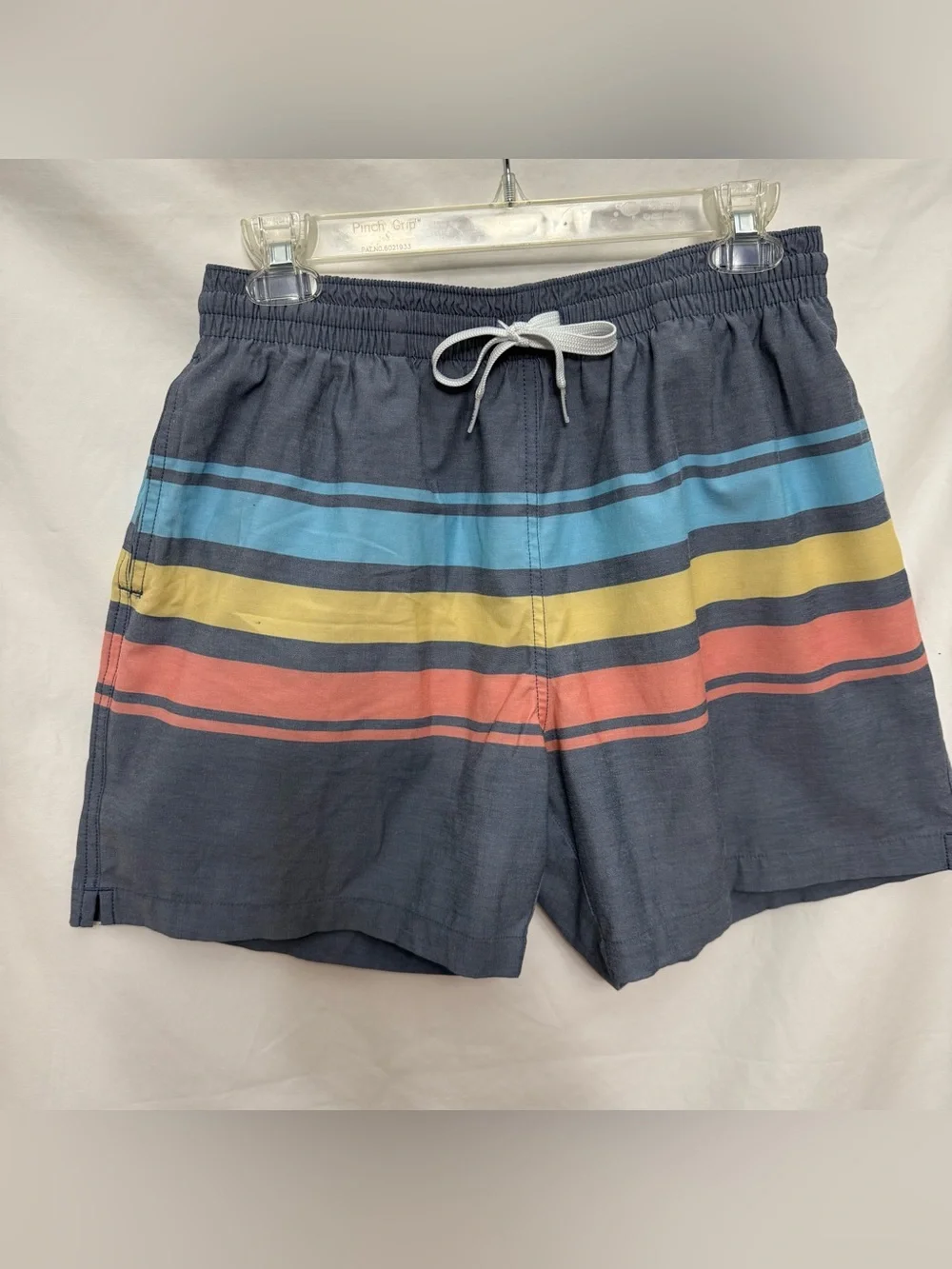 Men's Chubbies Striped Swim Shorts in Dark Grey w/ Blue/Yellow/Coral Stripes, L